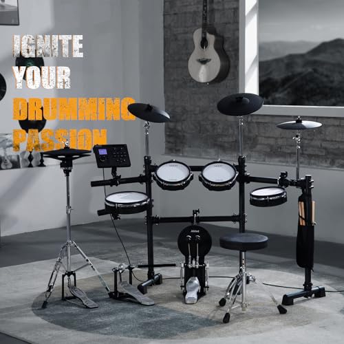 AKLOT Expanded-Size Electric Drum Set: Independent Double Pedal Bass Drum and 10’’ Dual-Zone Snare, Two-Piece Standalone Hi-Hat, 12’’ Triple-Zone