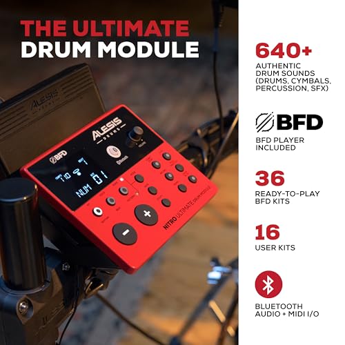 Alesis Nitro Ultimate Electric Drum Set with Dual Zone Quiet Mesh Pads, Movable Hi-Hat, 640 Authentic BFD Sounds and 52 Kits, Bluetooth, Drumeo, USB