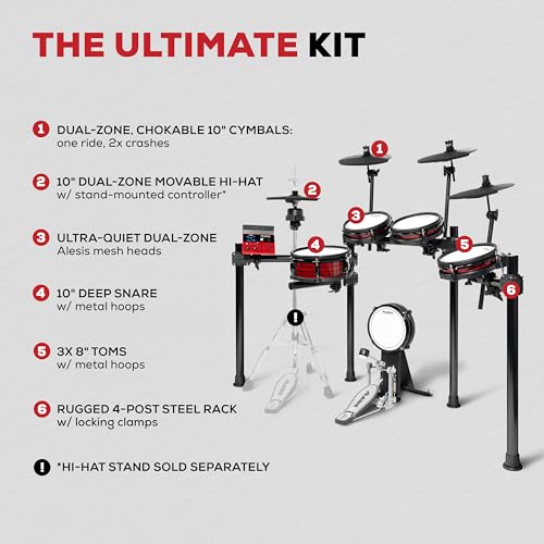 Alesis Nitro Ultimate Electric Drum Set with Dual Zone Quiet Mesh Pads, Movable Hi-Hat, 640 Authentic BFD Sounds and 52 Kits, Bluetooth, Drumeo, USB