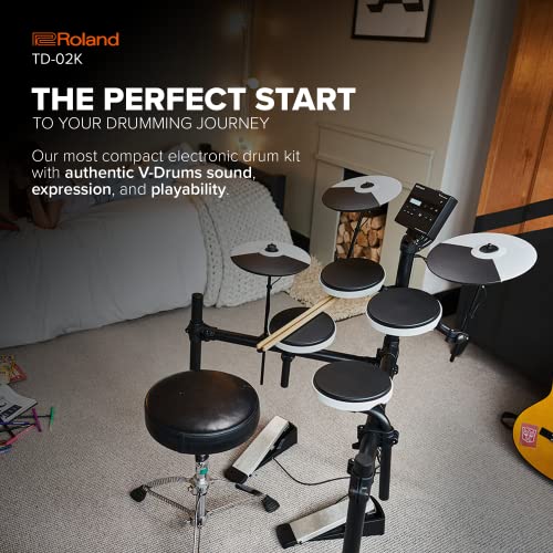 Roland TD-02K V-Drums | Entry-Level Compact Electronic Drum Kit with Expressive Playability, Noise-Reducing Features, Height-Adjustable Stand &